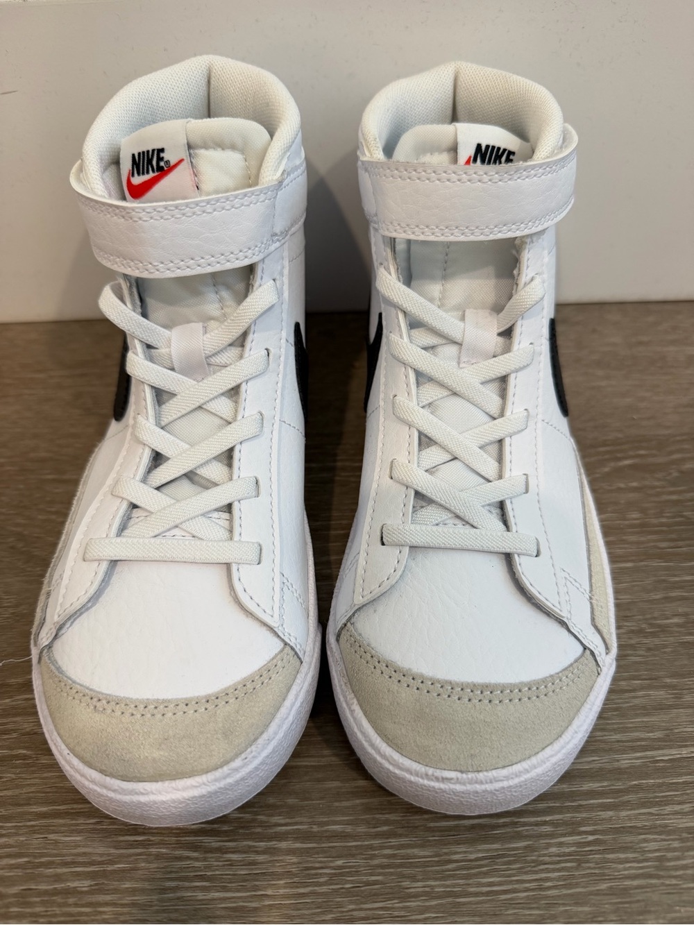 Nike Kids White High-Top Sneakers with Black Swoosh and Cream Suede Toe